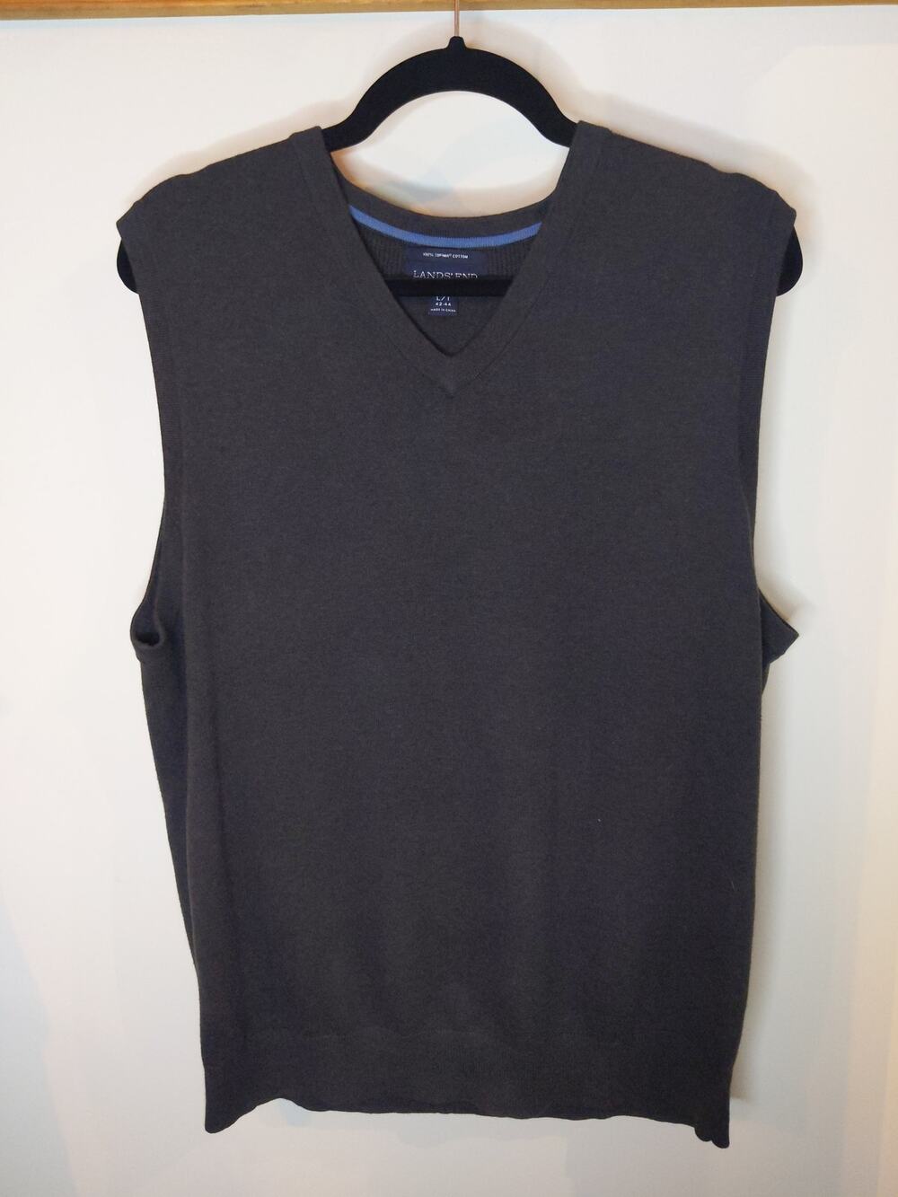 LANDS' END Men's L Tall Charcoal Gray Cotton Sweater Vest V-Neck Sleeveless